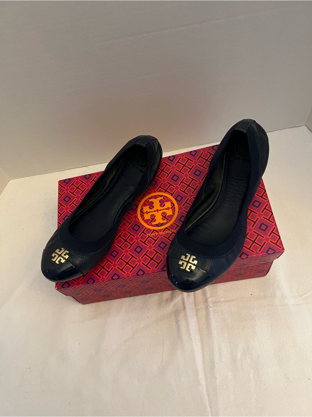 Tory Burch Navy Reva Logo Ballet Flats with Gold Emblem